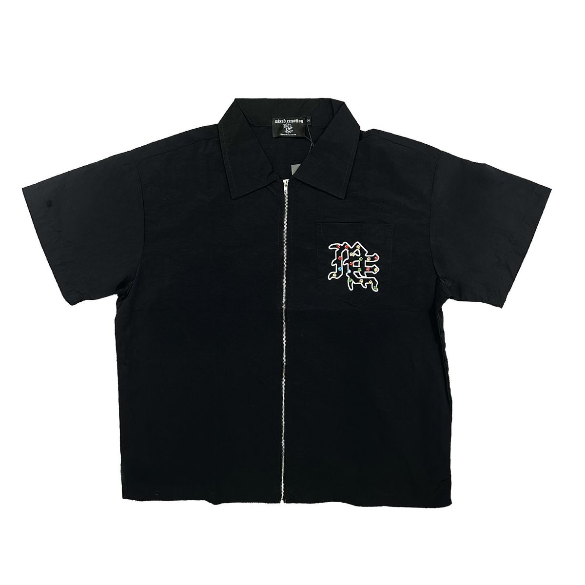 “ME Rhinestone Nylon Zip Up Shirt